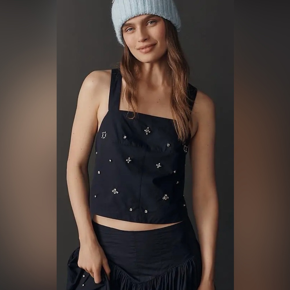 Anthropologie Maeve Embellished Navy Crop Top Beaded Tank Blouse XL NWT